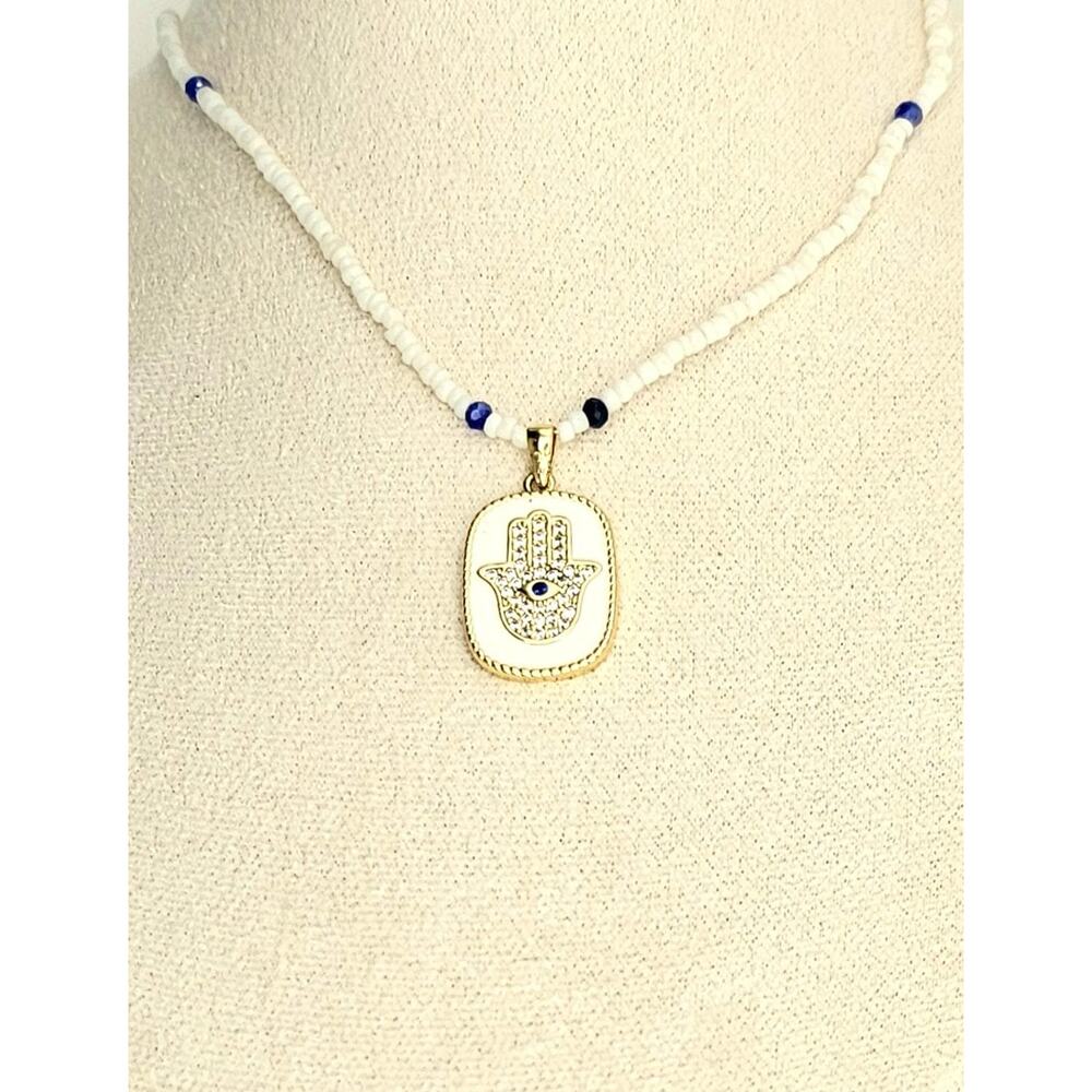 Handmade White Hamsa Necklace Pendant CZ Pave Bead Adjustable Gold Plated Chain